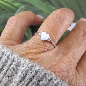 Solid Sterling Silver HEART Shaped OPAL Ring>Opal Ring,Simulated Diamonds,Heart